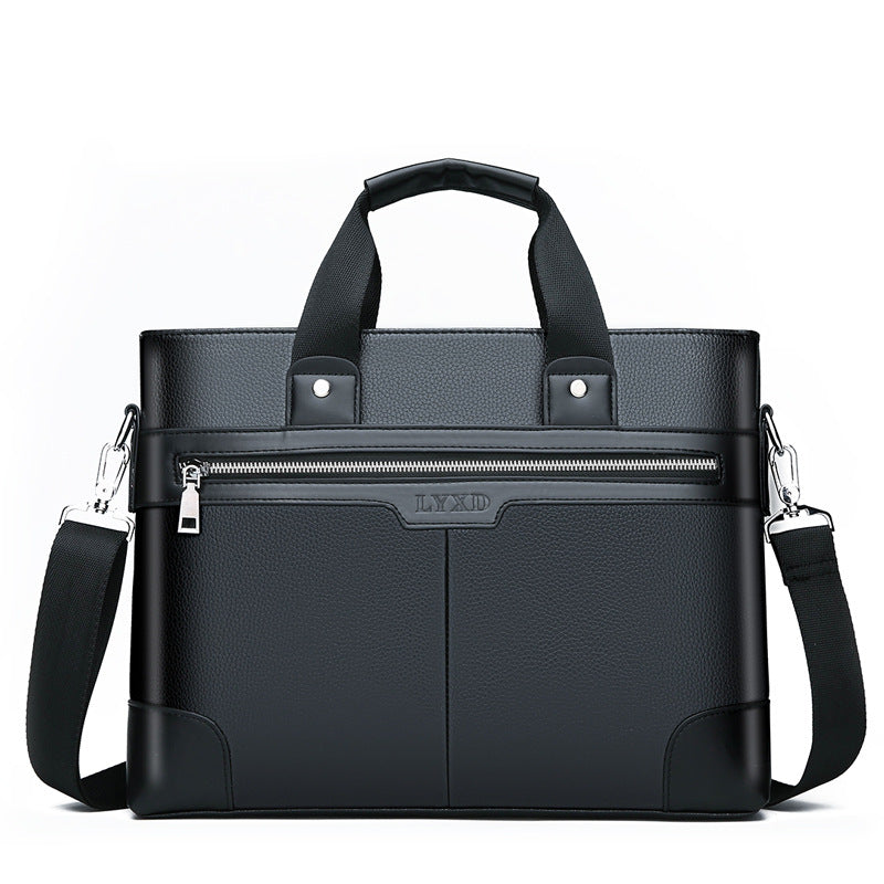 Black leather briefcase with shoulder
stylish men's briefcase
professional messenger bag
men's office accessory
durable business handbag
executive office bag
premium men's work bag